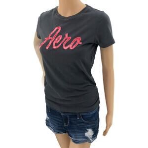 Aeropostale MEDIUM Gray Velvet Cursive Spellout Short Sleeve Tee Shirt  T-SHIRT